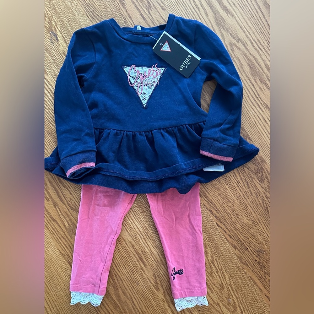 NWT Sz 18m Guess 1981 Dark Blue Heavy Weight Long Sleeve Top & Pink Leggings